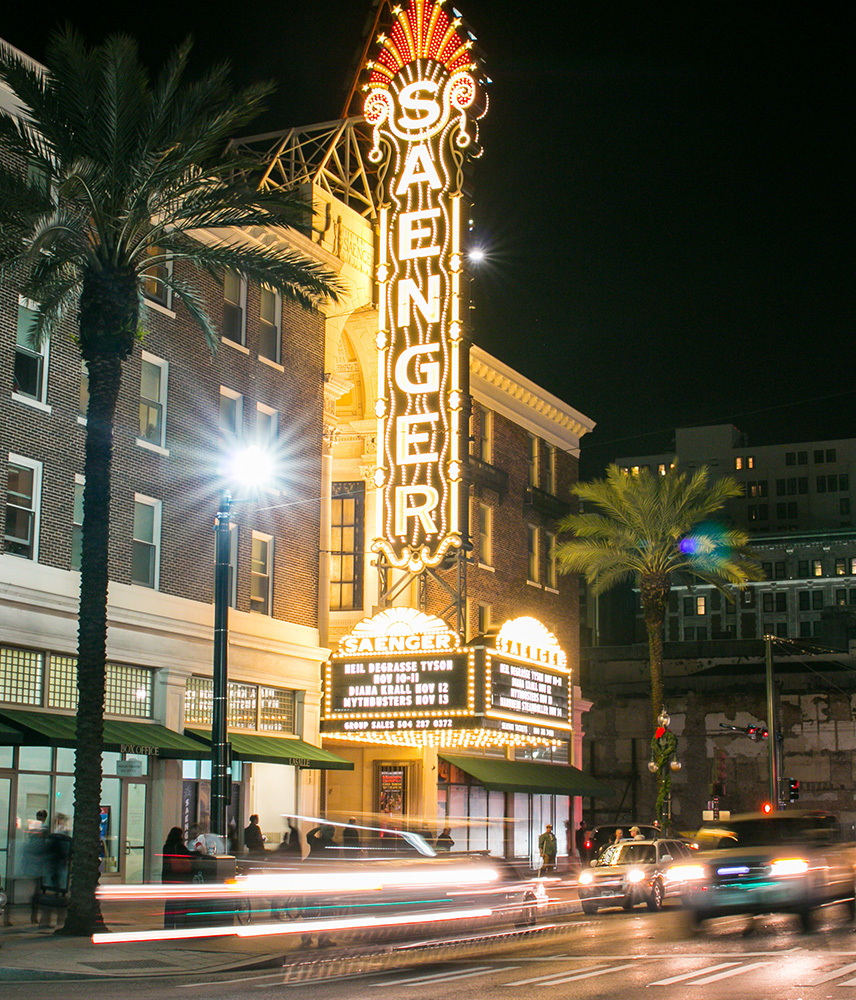 The Saenger Theatre sign lit up at night