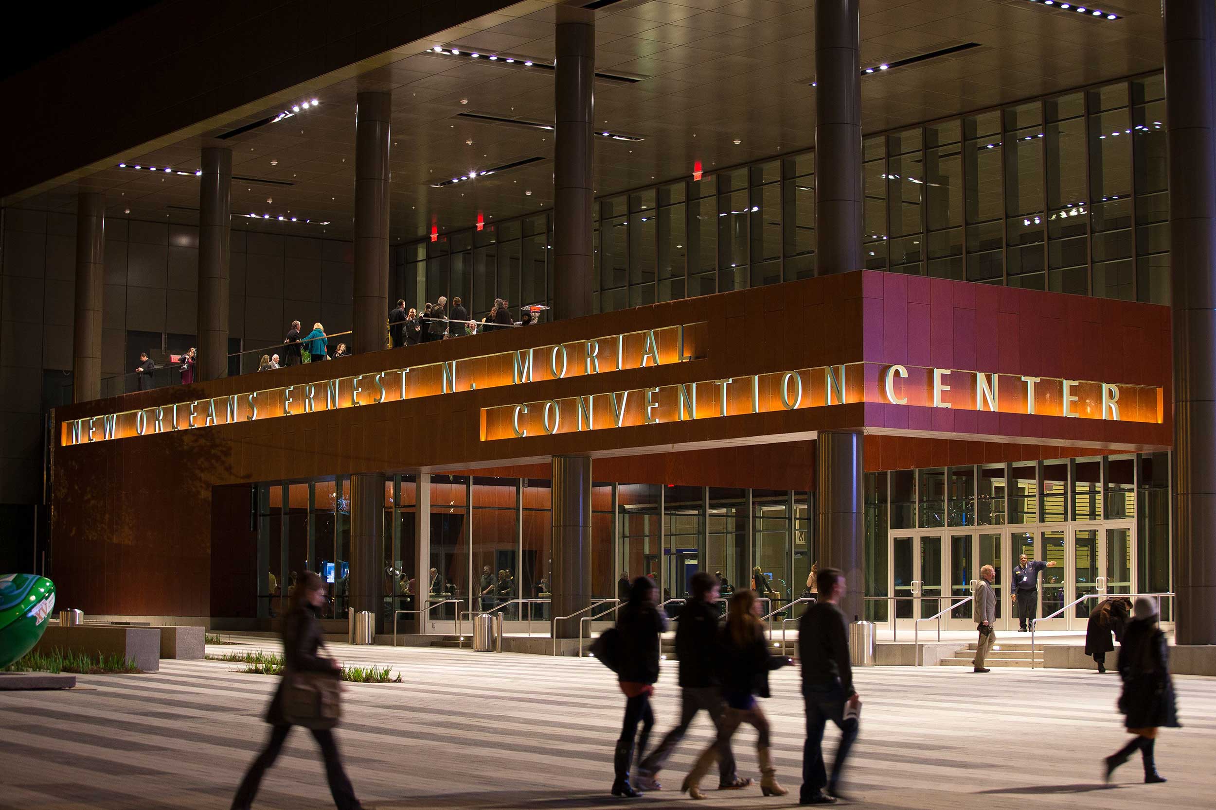 The New Orleans Ernest N. Morial Convention Center entrance at night